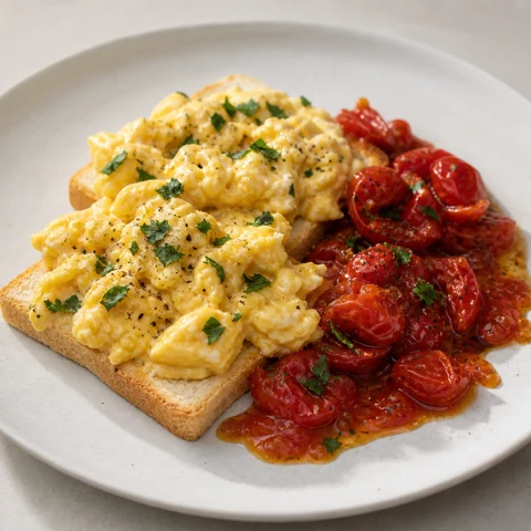 Scrambled Eggs with Tomatoes on Gluten-Free Toast. Soft scrambled eggs with tomatoes cooked down to a jammy spoonful, on gluten-free toast that has been toasted properly rather than warmed.
