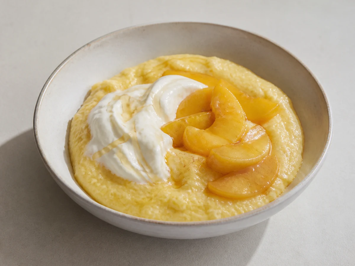 Creamy Polenta with Peaches and Yoghurt. Fine polenta whisked into hot milk until it thickens to a soft spoonable porridge, with tinned peaches warmed through and yoghurt stirred in at the table.