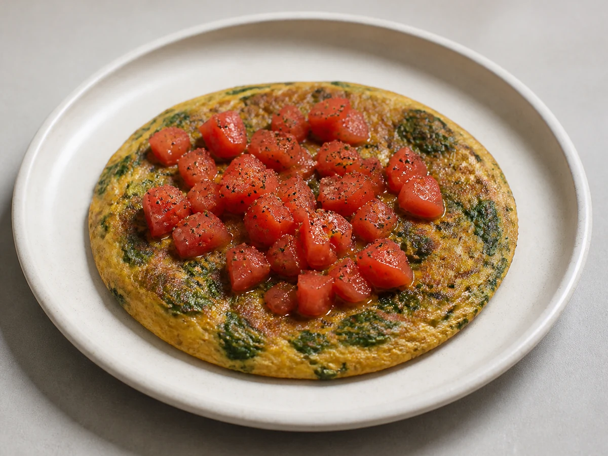 Besan Omelette with Spinach and Tomato. A chickpea-flour omelette that needs no eggs to hold together, with spinach wilted into the batter and tomatoes on top. Higher in protein and fibre than most gluten-free breakfasts.