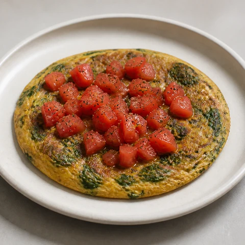 Besan Omelette with Spinach and Tomato. A chickpea-flour omelette that needs no eggs to hold together, with spinach wilted into the batter and tomatoes on top. Higher in protein and fibre than most gluten-free breakfasts.