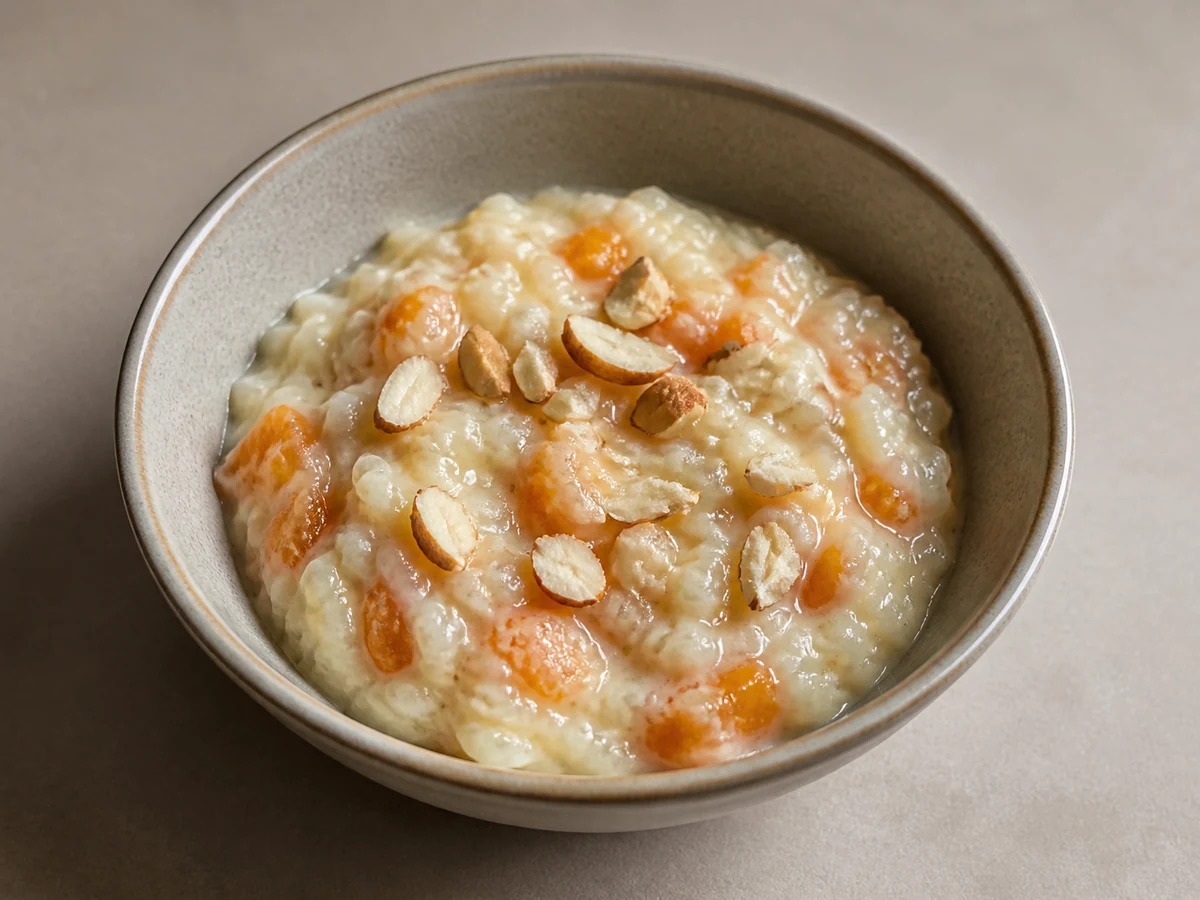 Rice Pudding with Apricots and Almonds. Short-grain rice cooked slowly in milk with dried apricots softening into it, finished with toasted almonds. Made the night before if the morning is short.
