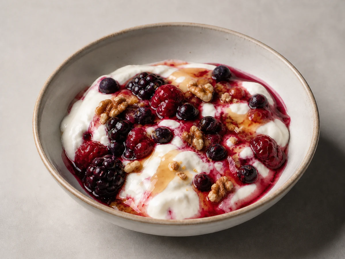 Yoghurt with Berries, Walnuts and Honey. No cooking at all. Thick yoghurt, berries warmed just enough to release their juice, walnuts and honey — the breakfast for the morning when nothing else is happening.