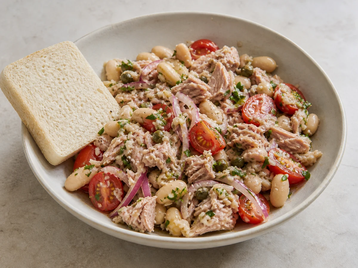 Tuna, White Bean and Parsley Salad. Store-cupboard lunch that takes as long as opening two tins. White beans crushed slightly so they hold the dressing, tuna in large flakes, and a lot of parsley.