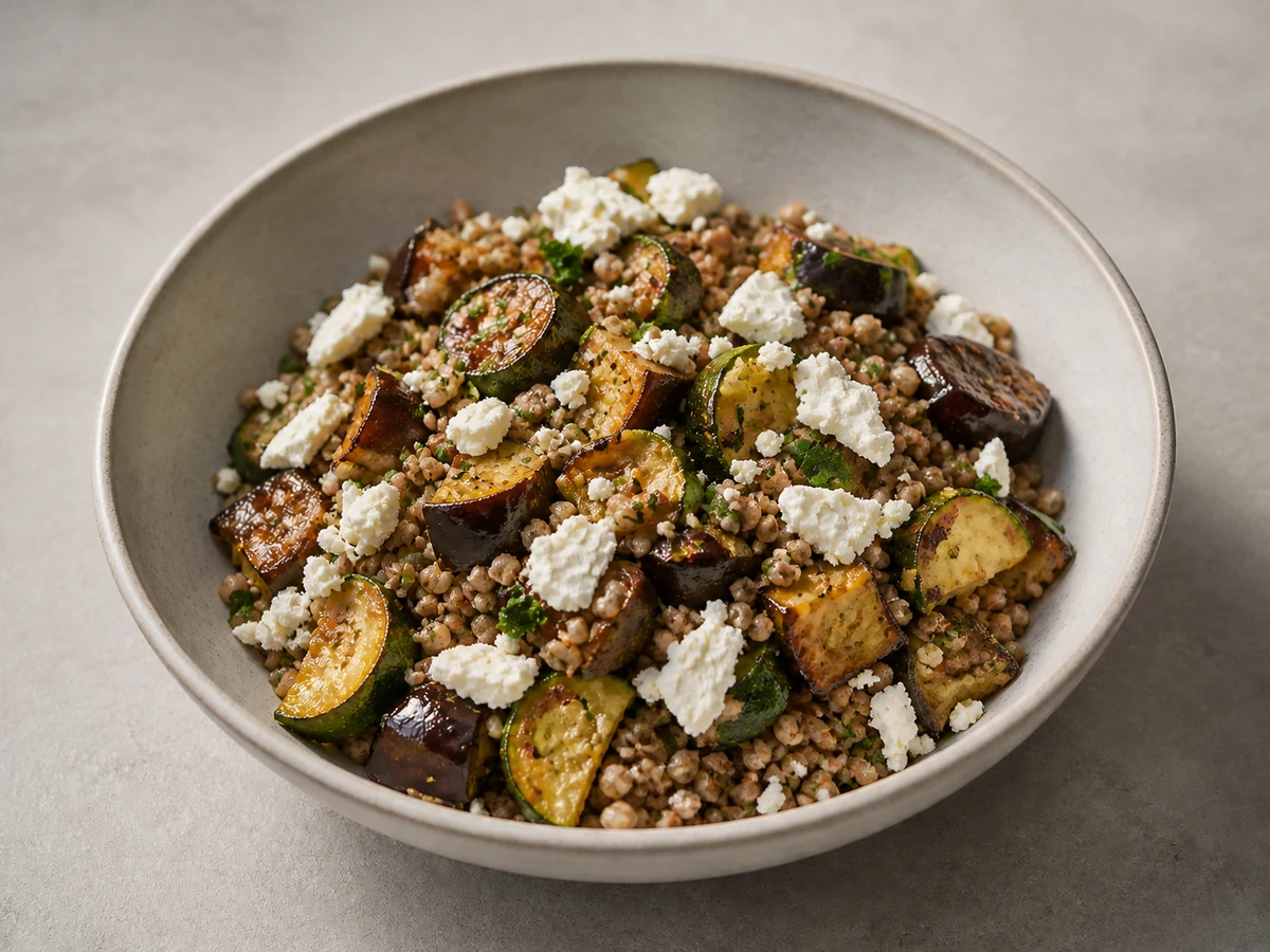 Buckwheat Bowl with Roast Eggplant and Feta. Buckwheat groats cooked like rice and folded through eggplant and zucchini roasted until properly soft, with feta and parsley.