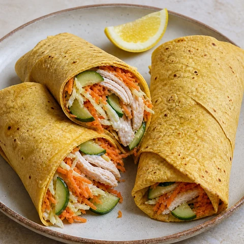 Chicken and Salad Corn Tortilla Wraps. Corn tortillas warmed until they are pliable, filled with poached chicken, crunchy salad and a lemon-yoghurt dressing.