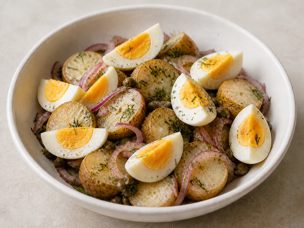 Potato, Egg and Caper Salad. Warm potatoes dressed while they are still steaming so they drink up the dressing, with soft-boiled eggs, capers and a lot of dill.