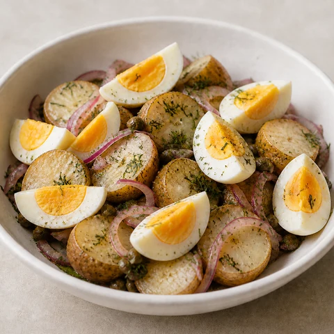 Potato, Egg and Caper Salad. Warm potatoes dressed while they are still steaming so they drink up the dressing, with soft-boiled eggs, capers and a lot of dill.