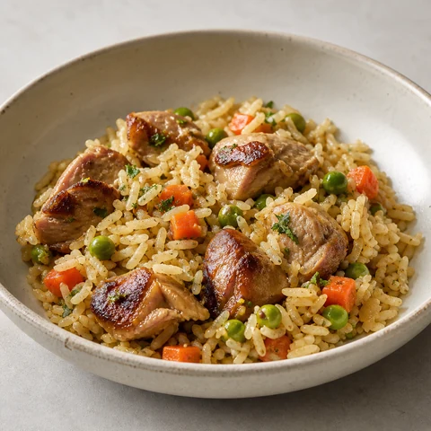 Chicken and Vegetable Rice Pilaf. Everything cooked in one pan: chicken browned first, then rice toasted in the same fat and simmered with stock until the grains stand separate.