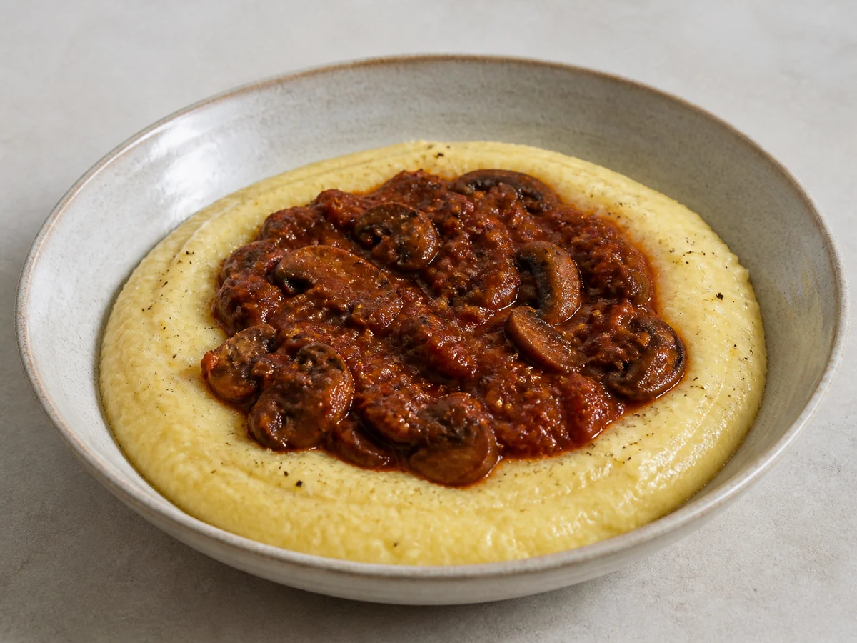 Soft Polenta with Mushroom and Tomato Ragù. Mushrooms cooked down until they have given up their water and browned, simmered into a tomato ragù and spooned over soft polenta.