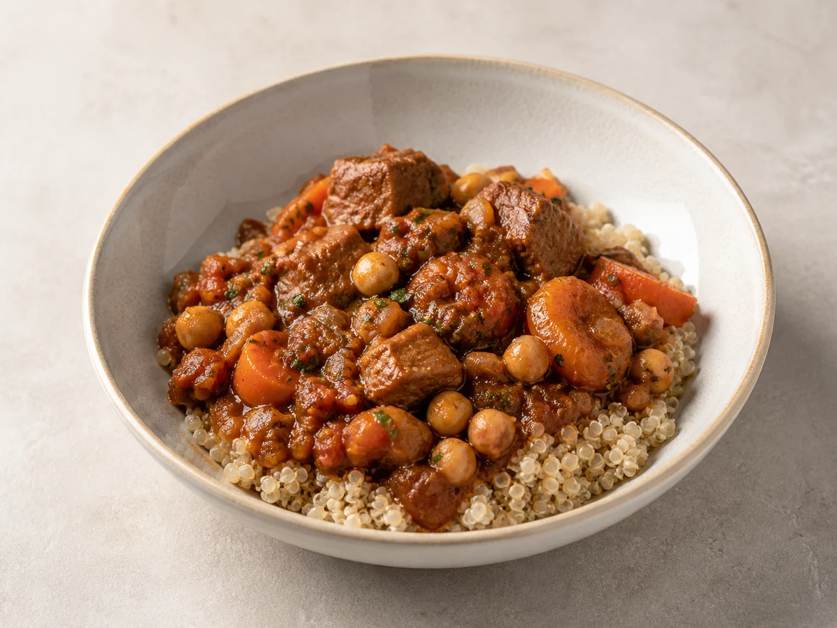Lamb and Chickpea Tagine with Quinoa. Diced lamb braised slowly with chickpeas, apricots and warm spices until it pulls apart, served over quinoa.