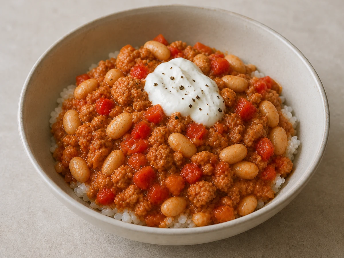 Turkey and Bean Chilli with Rice. Turkey mince browned properly and simmered with beans, tomatoes and smoked paprika until it thickens, over rice.