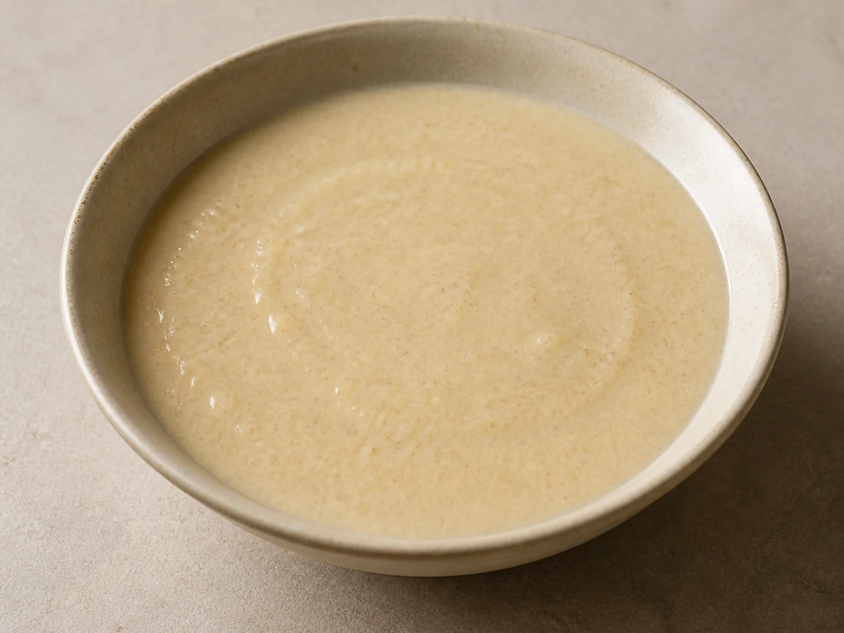 Smooth Oat and Banana Porridge with Milk. Rolled oats simmered well past the usual point and then blended with ripe banana, milk powder and a knob of butter into a pourable porridge with no grain left in it.