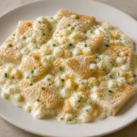 Creamed Eggs on Soft White Toast. Soft-boiled eggs chopped small and folded through a thin milk sauce, spooned over trimmed white toast and left a minute to soak in.