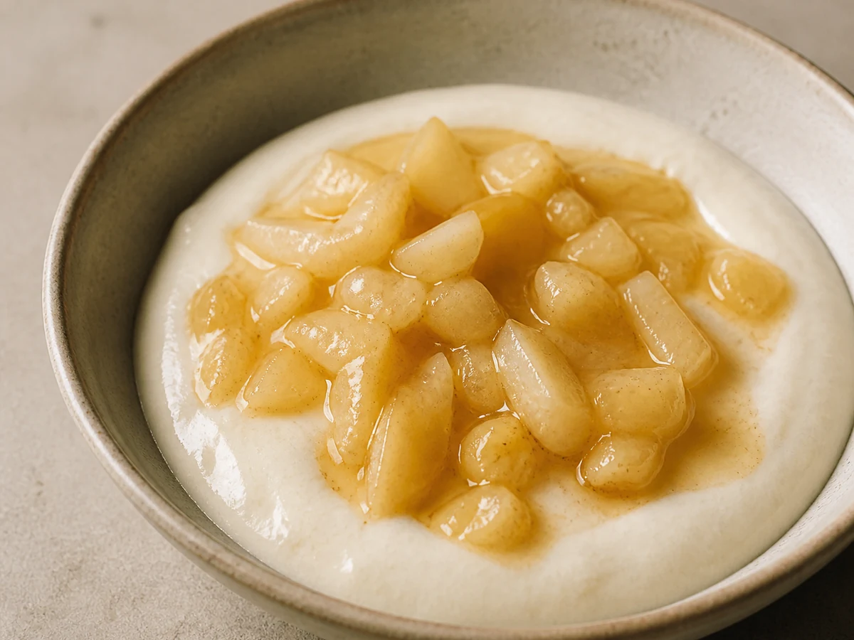 Whipped Cottage Cheese with Butter-Poached Pear. A whole tub of cottage cheese blitzed until the curd disappears and it turns to pourable cream, under pear poached soft and finished in a buttery honey syrup.