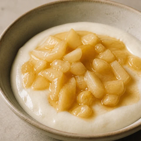 Whipped Cottage Cheese with Butter-Poached Pear. A whole tub of cottage cheese blitzed until the curd disappears and it turns to pourable cream, under pear poached soft and finished in a buttery honey syrup.