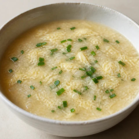 Rice Congee with Soft Egg and Ginger. White rice simmered slowly in a little over three times its weight in liquid until the grains burst and dissolve, with beaten egg poured in at the end so it sets in fine threads.
