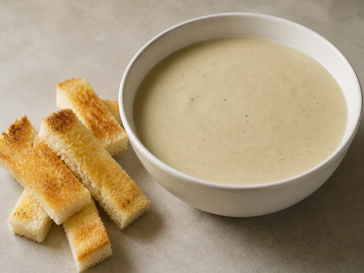 Silky Cauliflower Soup with Parmesan. Cauliflower simmered with potato and leek until it crushes without resistance, blended smooth and enriched with butter, milk powder and Parmesan, with buttered toast fingers to go alongside.