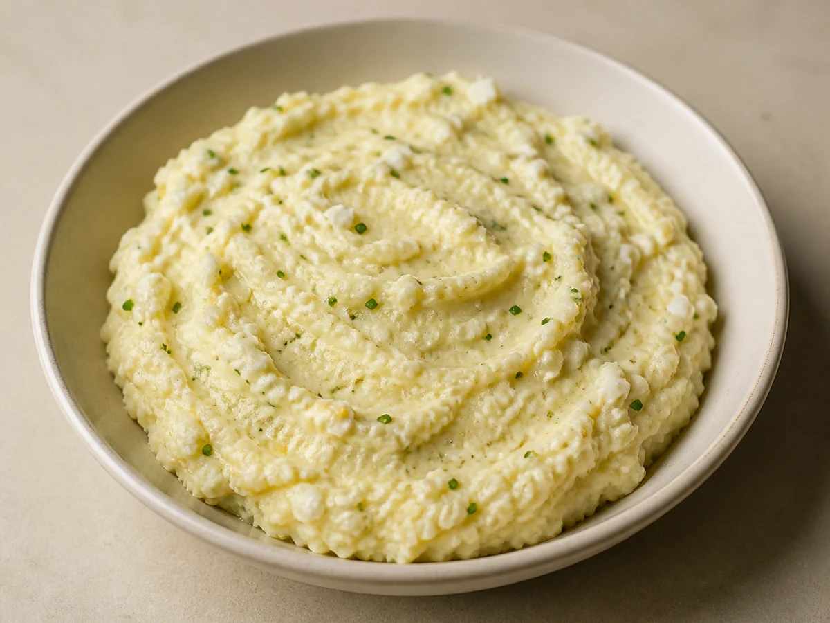 Softly Mashed Egg and Potato Salad with Yoghurt and Chives. Potatoes boiled to collapsing and crushed with yoghurt, olive oil and lemon, with finely chopped soft-boiled egg folded through and the whole thing served warm.