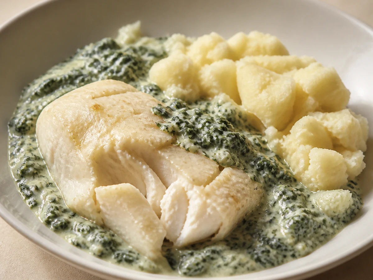 White Fish Baked on Creamed Spinach with Crushed Potato. Fish fillets baked on a bed of spinach chopped fine and folded into a Parmesan béchamel, with buttery crushed potato alongside.