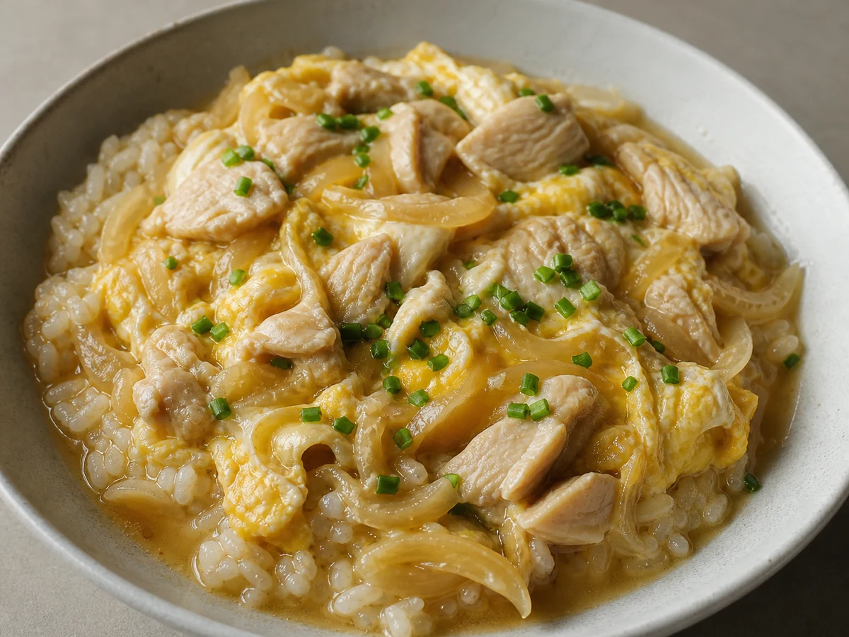 Simmered Chicken and Egg over Soft Rice. Chicken simmered in a sweet-savoury broth with onion and set with beaten egg poured over the top, spooned onto rice cooked deliberately soft.