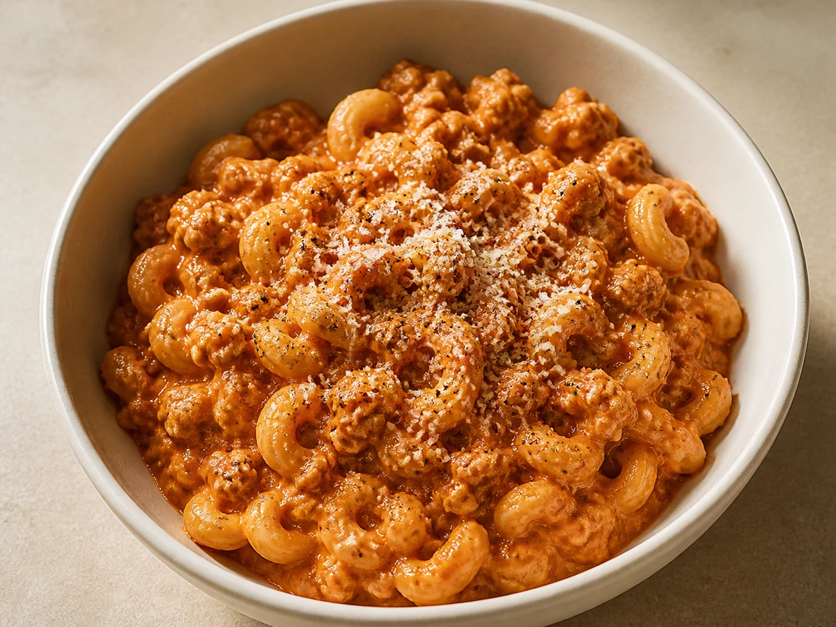 Soft Pasta with Roasted Capsicum Sauce and Fine Turkey. Capsicums roasted until the skins lift away, blended with milk into a sweet orange sauce, folded through turkey mince broken to crumbs and pasta cooked past al dente.