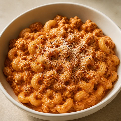 Soft Pasta with Roasted Capsicum Sauce and Fine Turkey. Capsicums roasted until the skins lift away, blended with milk into a sweet orange sauce, folded through turkey mince broken to crumbs and pasta cooked past al dente.