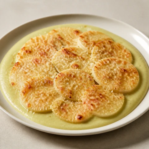Baked Semolina Gnocchi with Parmesan and Creamed Leeks. Semolina cooked stiff in milk, set, cut into discs and baked with Parmesan, served on leeks softened right down and blended into a smooth cream.