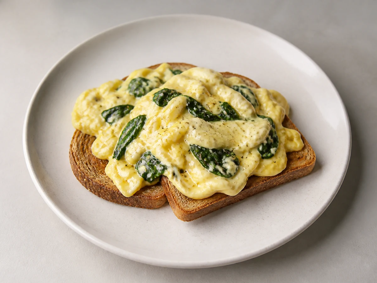 Scrambled Eggs with Spinach on Toast. Soft scrambled eggs with spinach wilted through them, on wholegrain toast. Cooked in butter rather than swimming in it.