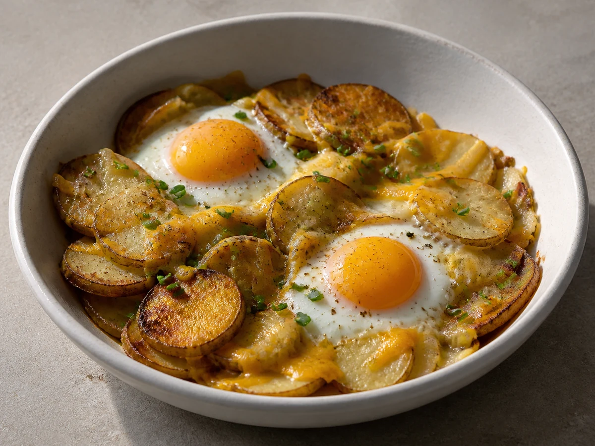 Baked Eggs with Potato and Cheddar. Potatoes softened in the pan, eggs cracked over and baked until just set, with a little cheddar. Filling without being heavy.