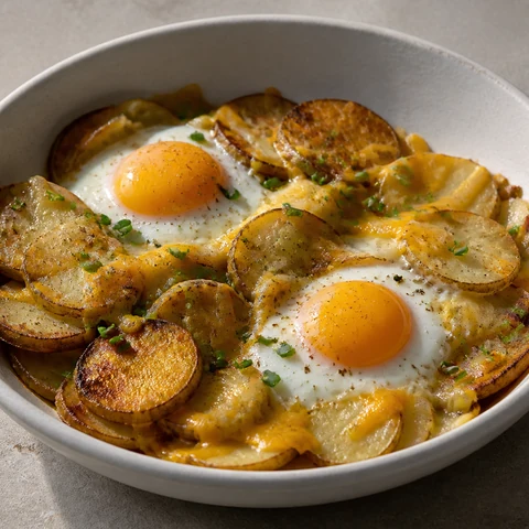 Baked Eggs with Potato and Cheddar. Potatoes softened in the pan, eggs cracked over and baked until just set, with a little cheddar. Filling without being heavy.