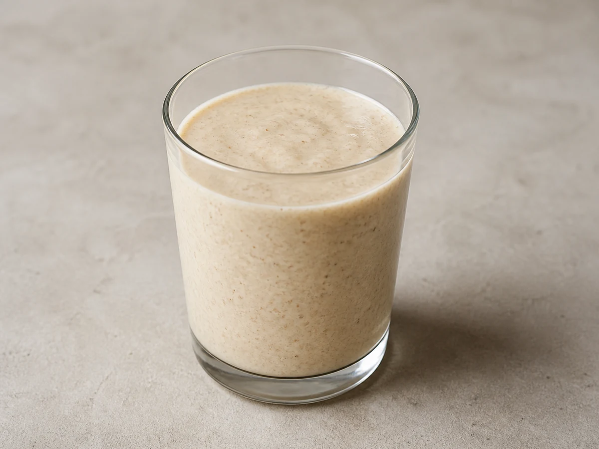 Banana and Oat Smoothie with Yoghurt. Blended oats, banana, yoghurt and milk. Drinkable, mild, and quick enough for a morning where sitting down to eat is not happening.