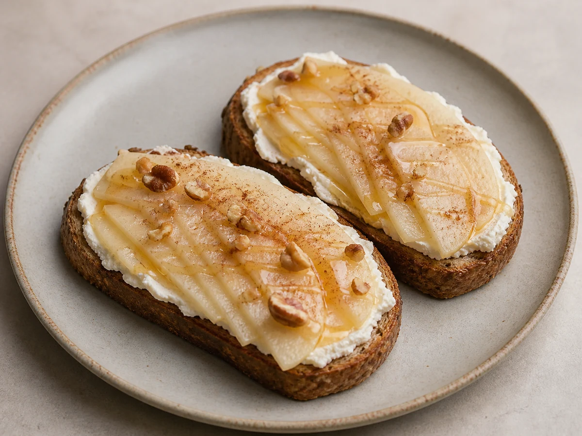 Wholegrain Toast with Ricotta and Pear. Ricotta spread thickly on wholegrain toast with sliced pear and a little honey. Five minutes, no pan.
