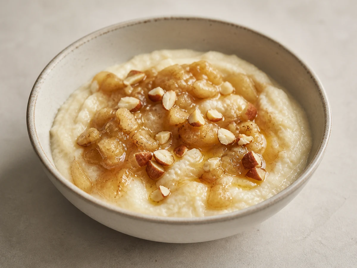 Semolina Porridge with Apple. Fine semolina whisked into milk until it thickens in a couple of minutes, with apple softened in the pan alongside.
