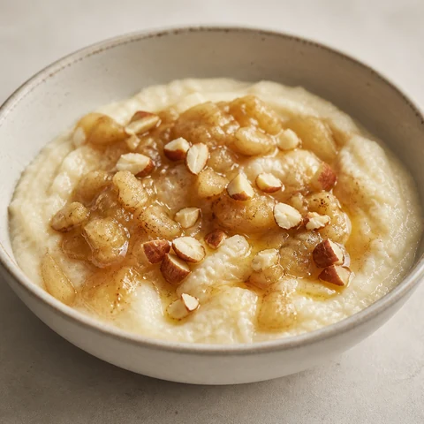 Semolina Porridge with Apple. Fine semolina whisked into milk until it thickens in a couple of minutes, with apple softened in the pan alongside.