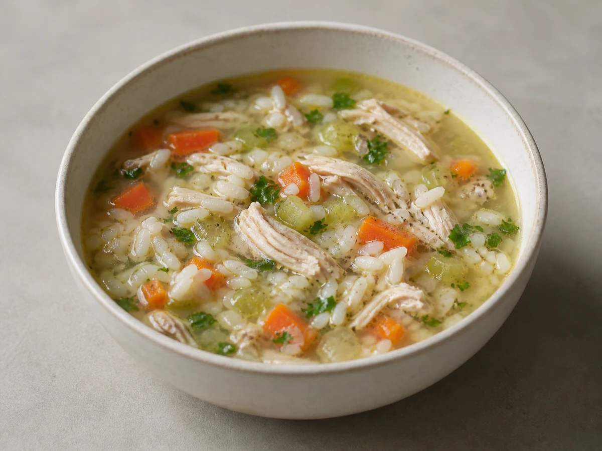 Chicken and Rice Soup with Carrot. A clear, mild soup with shredded chicken and rice cooked right in it, so the broth thickens slightly as it stands.
