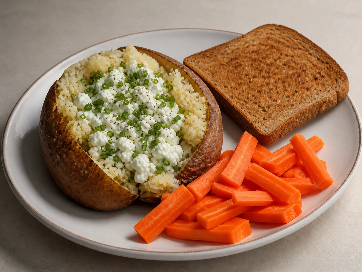 Baked Potato with Cottage Cheese and Chives. A properly baked potato, forked open and filled with cottage cheese rather than butter and cheese. Plain in the good way.