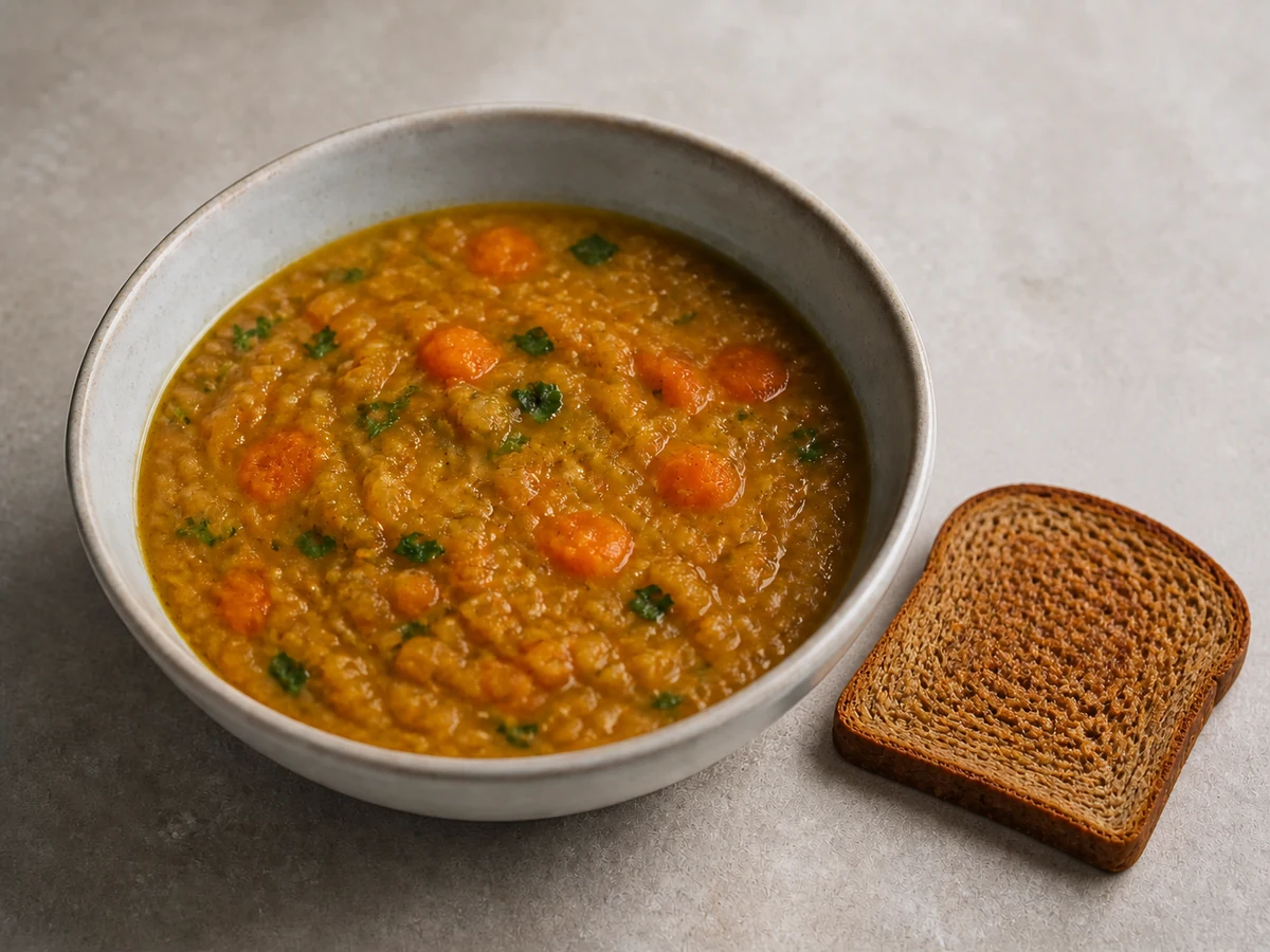 Lentil and Carrot Soup with Toast. Red lentils cooked until they collapse into a thick soup, with carrot and celery. Nothing sharp in it.