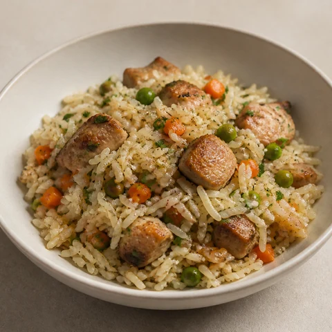 Chicken Rice Pilaf with Peas. Everything in one pan: chicken browned, rice toasted in the same fat, then simmered until the grains stand separate.