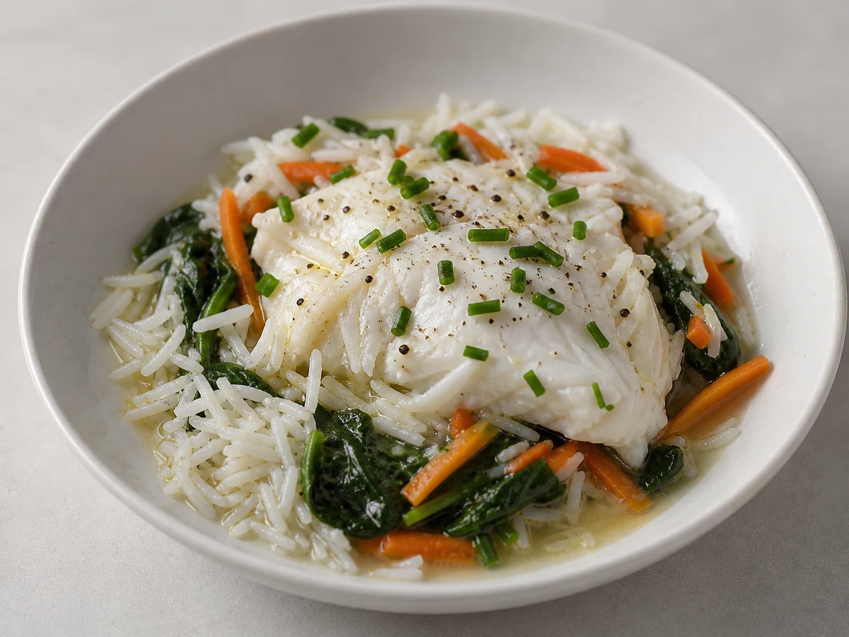 Poached Fish with Rice and Greens. White fish poached gently in stock, served over rice with spinach wilted into the poaching liquid.