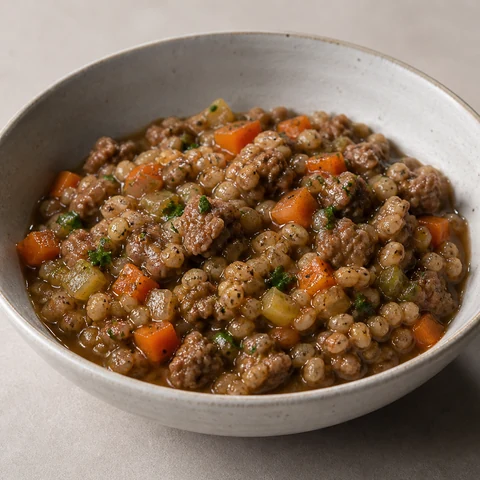 Beef and Barley Stew. Beef mince and barley cooked slowly in stock until the barley splits and thickens the whole pot. Substantial without being rich.