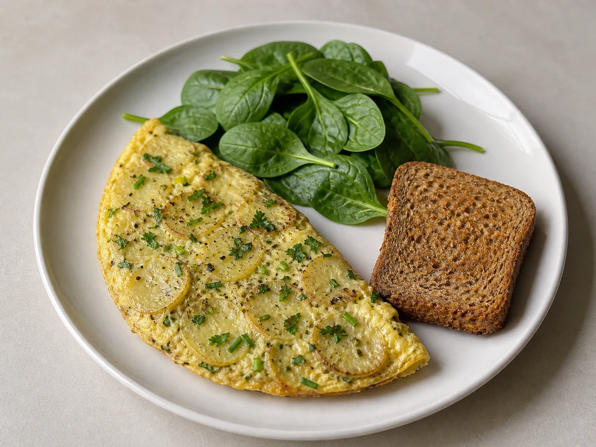 Omelette with Potato and Herbs. Potatoes softened first, eggs poured over and finished gently. Quick, mild, and the dinner for a night when nothing heavier appeals.