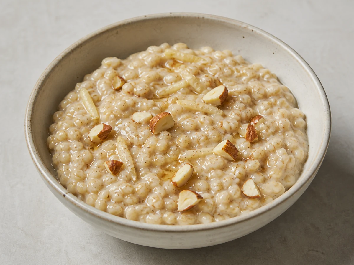 Pearl Barley Porridge with Milk, Pear and Honey. Pearl barley simmered slowly in milk until the grains split and thicken, stirred with grated pear, honey, cinnamon and toasted almonds.