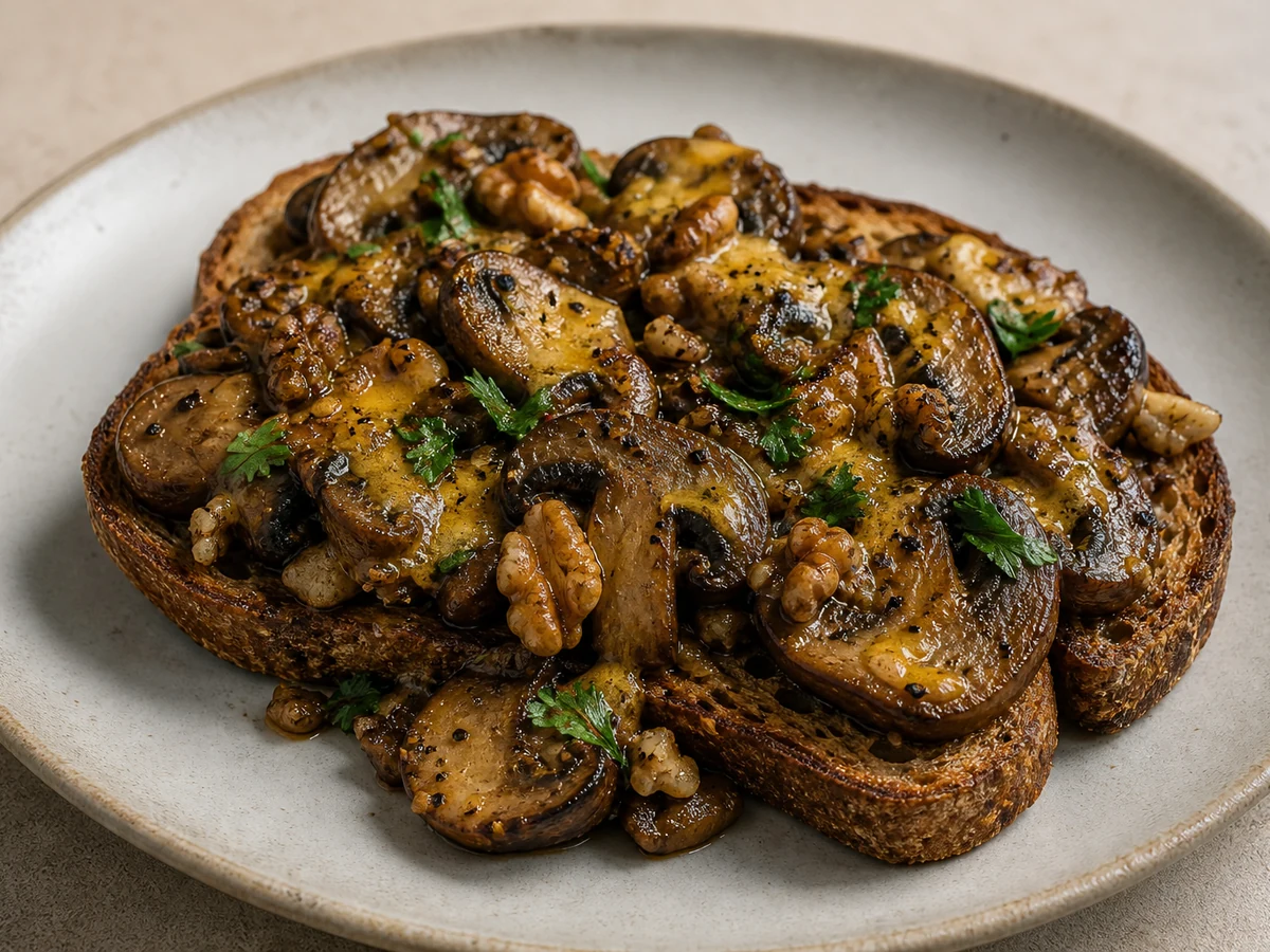 Grilled Mushrooms and Melted Cheddar on Wholegrain Toast. Mushrooms cooked hard in olive oil and finished with butter, garlic, thyme and walnuts, piled on wholegrain toast under grated cheddar and grilled until it melts.