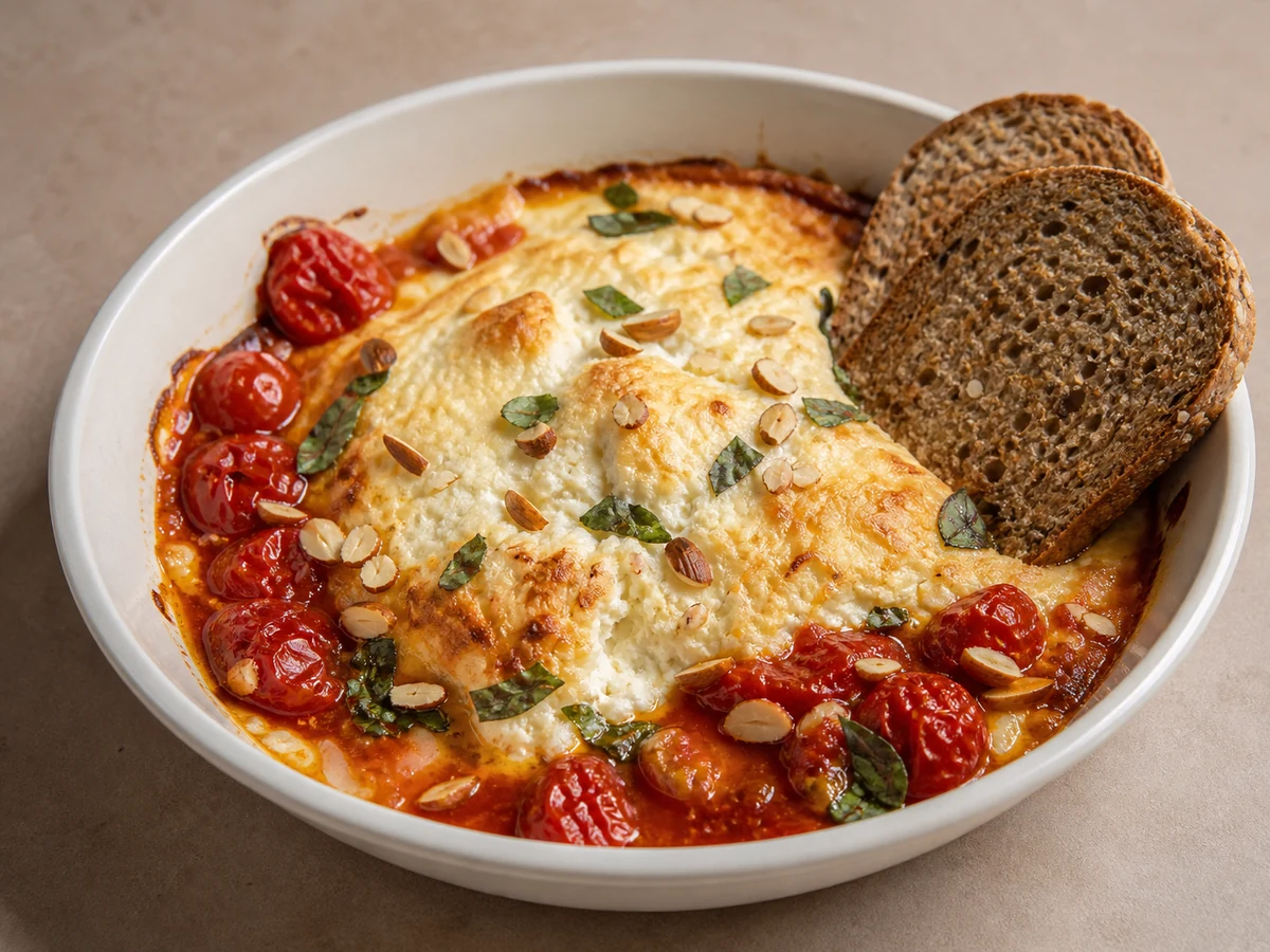 Baked Ricotta with Cherry Tomatoes and Basil. A whole block of ricotta beaten with egg and baked until puffed and golden, with cherry tomatoes blistering alongside, toasted almonds and basil torn over.