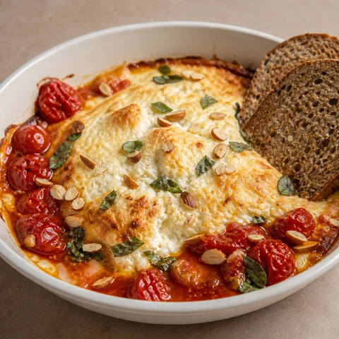 Baked Ricotta with Cherry Tomatoes and Basil. A whole block of ricotta beaten with egg and baked until puffed and golden, with cherry tomatoes blistering alongside, toasted almonds and basil torn over.