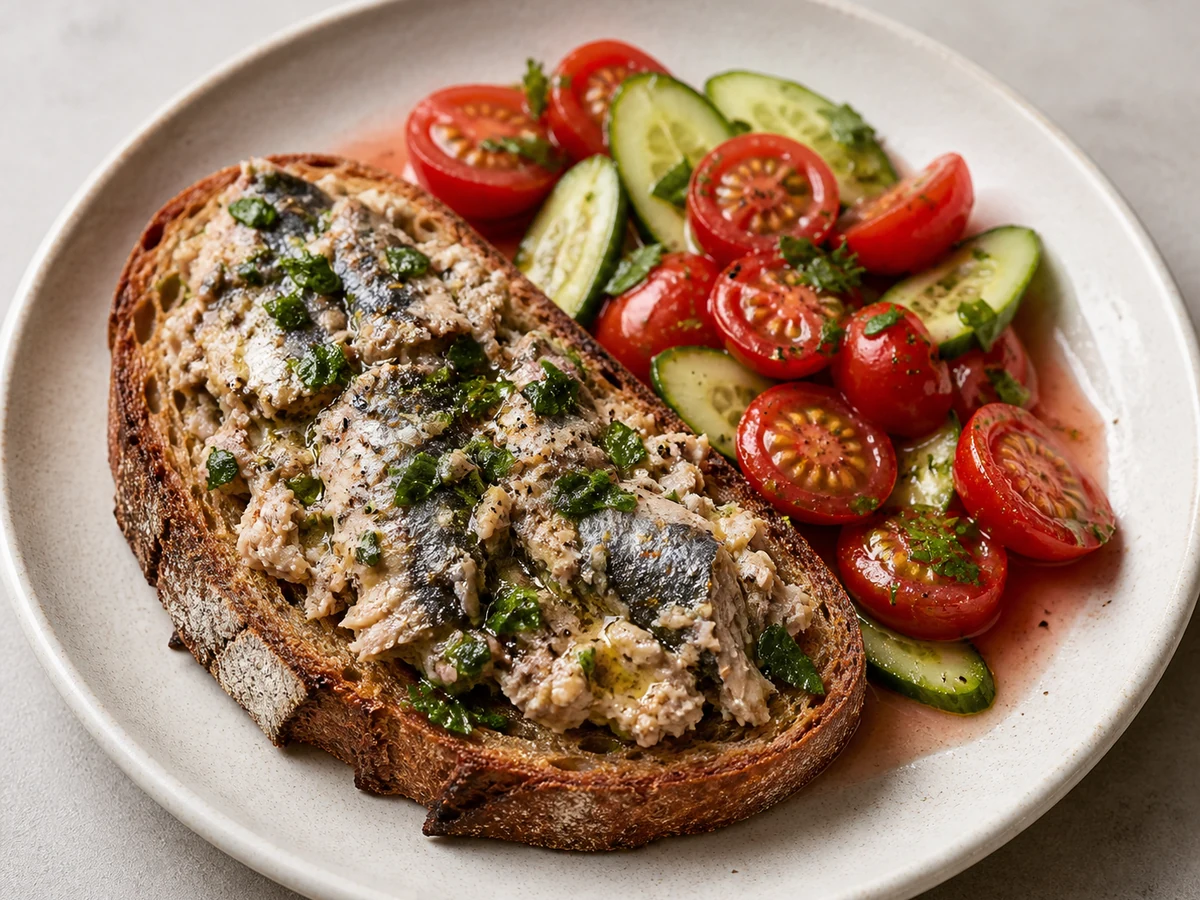 Sardines on Toast with Lemon, Parsley and Tomato Salad. Tinned sardines crushed onto thick wholegrain toast with lemon and parsley, with a sharp cherry tomato and cucumber salad beside them.