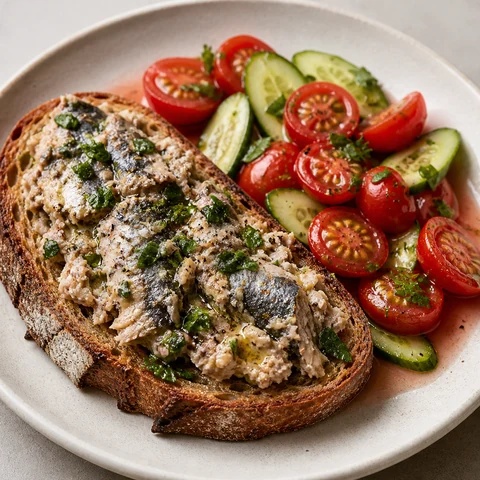 Sardines on Toast with Lemon, Parsley and Tomato Salad. Tinned sardines crushed onto thick wholegrain toast with lemon and parsley, with a sharp cherry tomato and cucumber salad beside them.