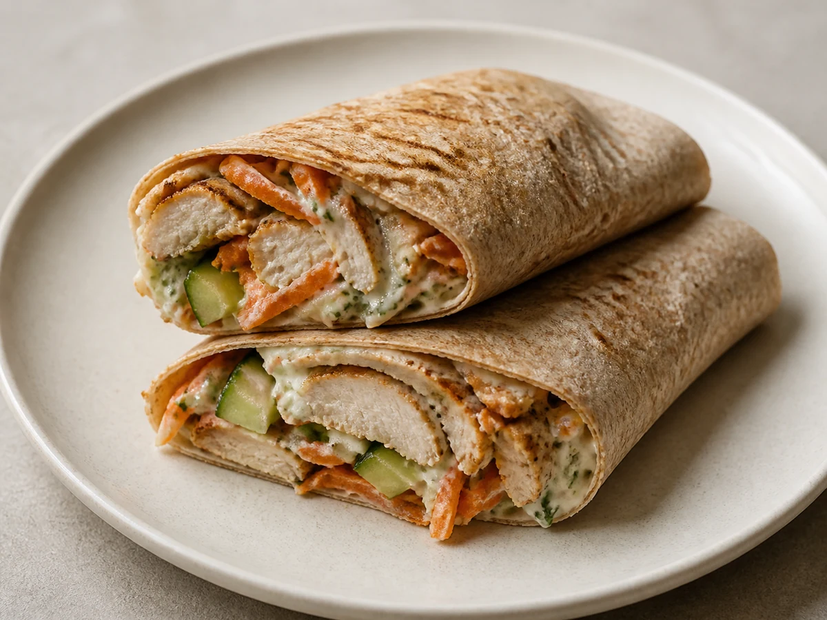 Chicken, Cucumber and Yoghurt Wraps with Grated Carrot. Cumin and paprika chicken sliced into wholemeal wraps with a lemony mint tahini yoghurt, grated carrot and cucumber.