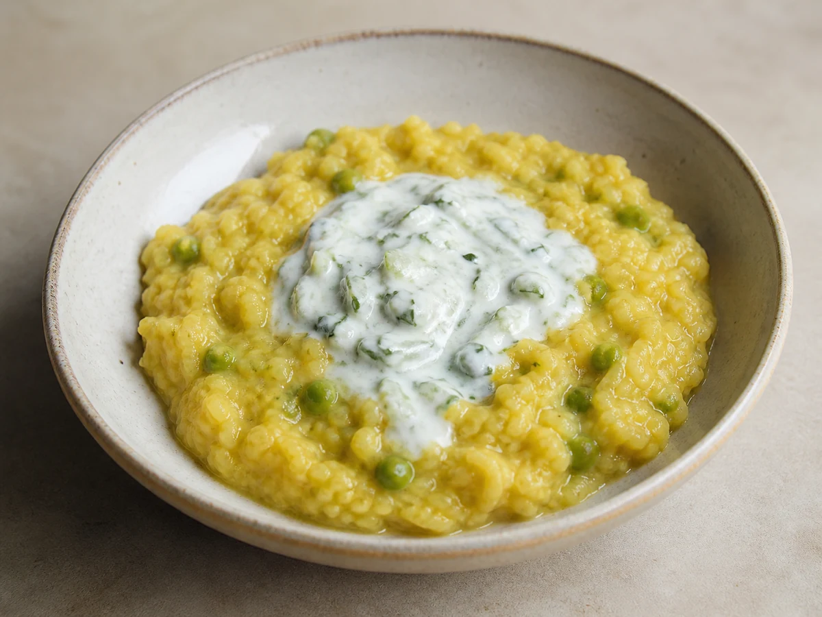 Spiced Rice and Red Lentil Kitchari with Cucumber Yoghurt. Basmati and red lentils cooked down together with ginger, cumin and coriander into a soft savoury porridge, served with cool cucumber yoghurt.