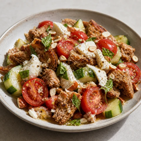 Tomato and Bread Salad with Torn Mozzarella and Basil. Ripe cherry tomatoes salted until they weep, tossed with torn day-old bread, cucumber, olive oil and vinegar, with mozzarella, toasted almonds and basil over the top.